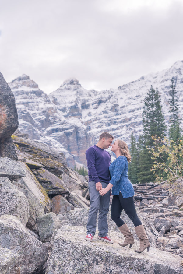 engagement photos in Moraine Lake instead of Lake Louise