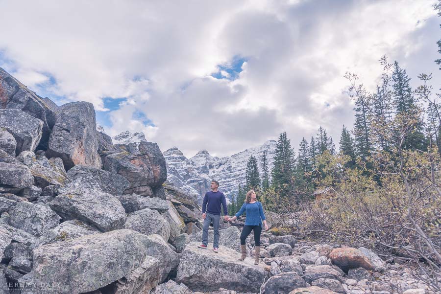 engagement photos in Moraine Lake instead of Lake Louise